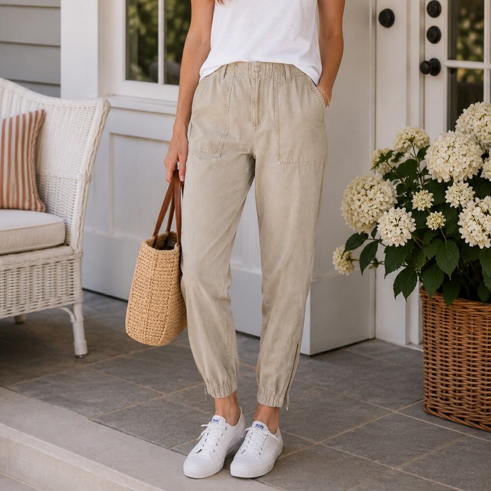 Gap Beige Utility Jogger Pants Size 6 Tall‎ Tapered Ankle Zip Casual Neutral